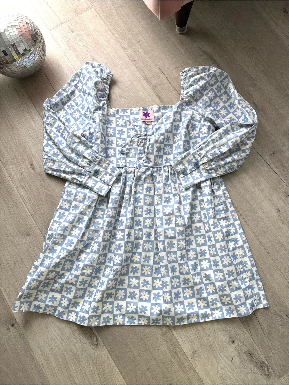 Lisa Says Gah Lena BabyDoll - Blue and Cream Floral Check Puff-Sleeve Dress